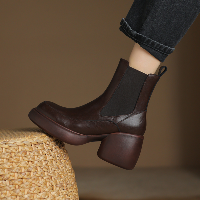 松糕厚底真皮短靴女2024秋冬新款