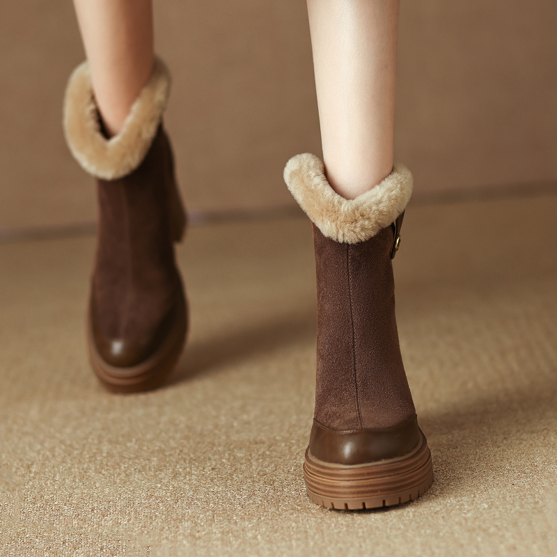 真皮粗跟短靴加绒加厚保暖棉鞋