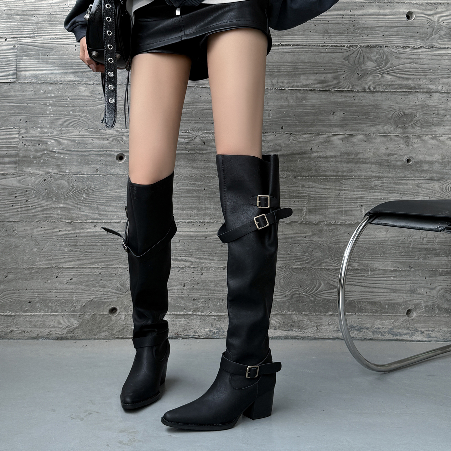 扣带高筒骑士靴辣妹宽筒两穿长靴