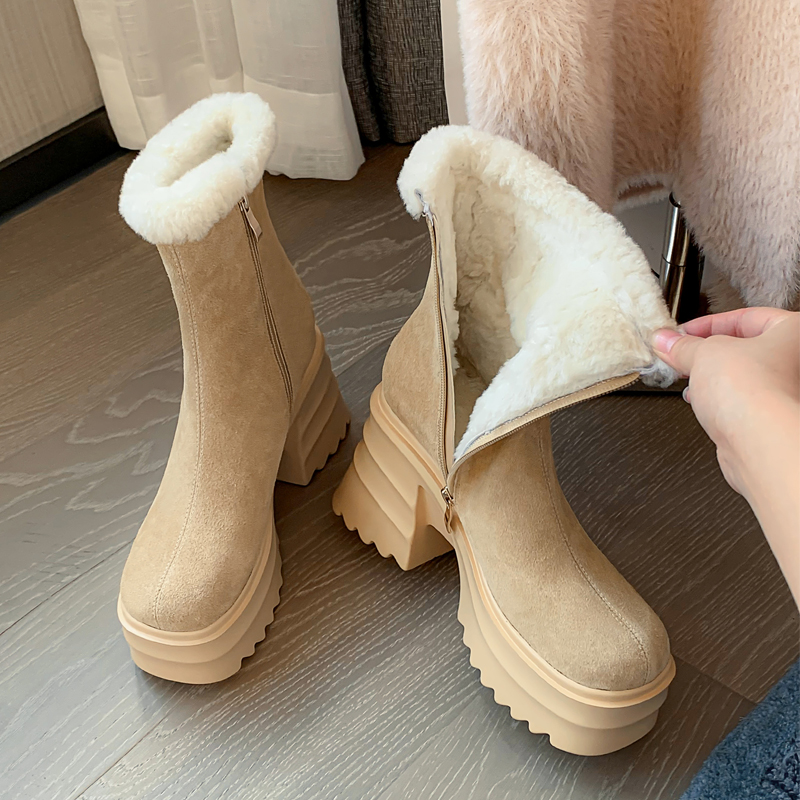 防水台增高短靴加毛厚防滑棉鞋