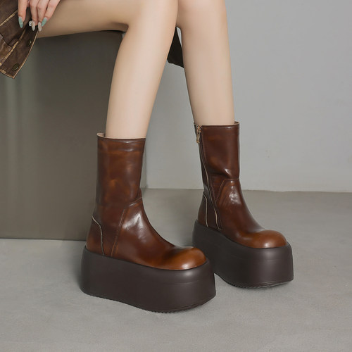 松糕厚底真皮瘦瘦靴女2025新款