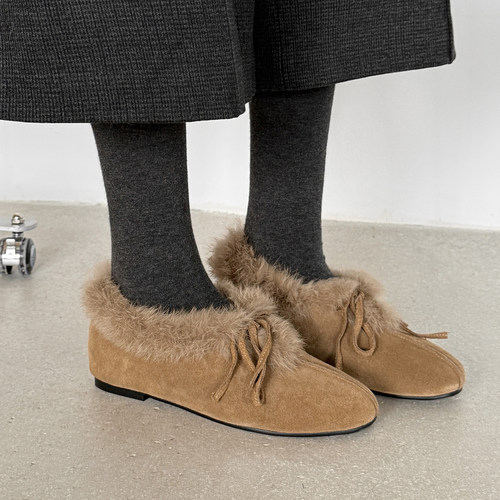 2.5cm真皮圆头加绒毛毛鞋女