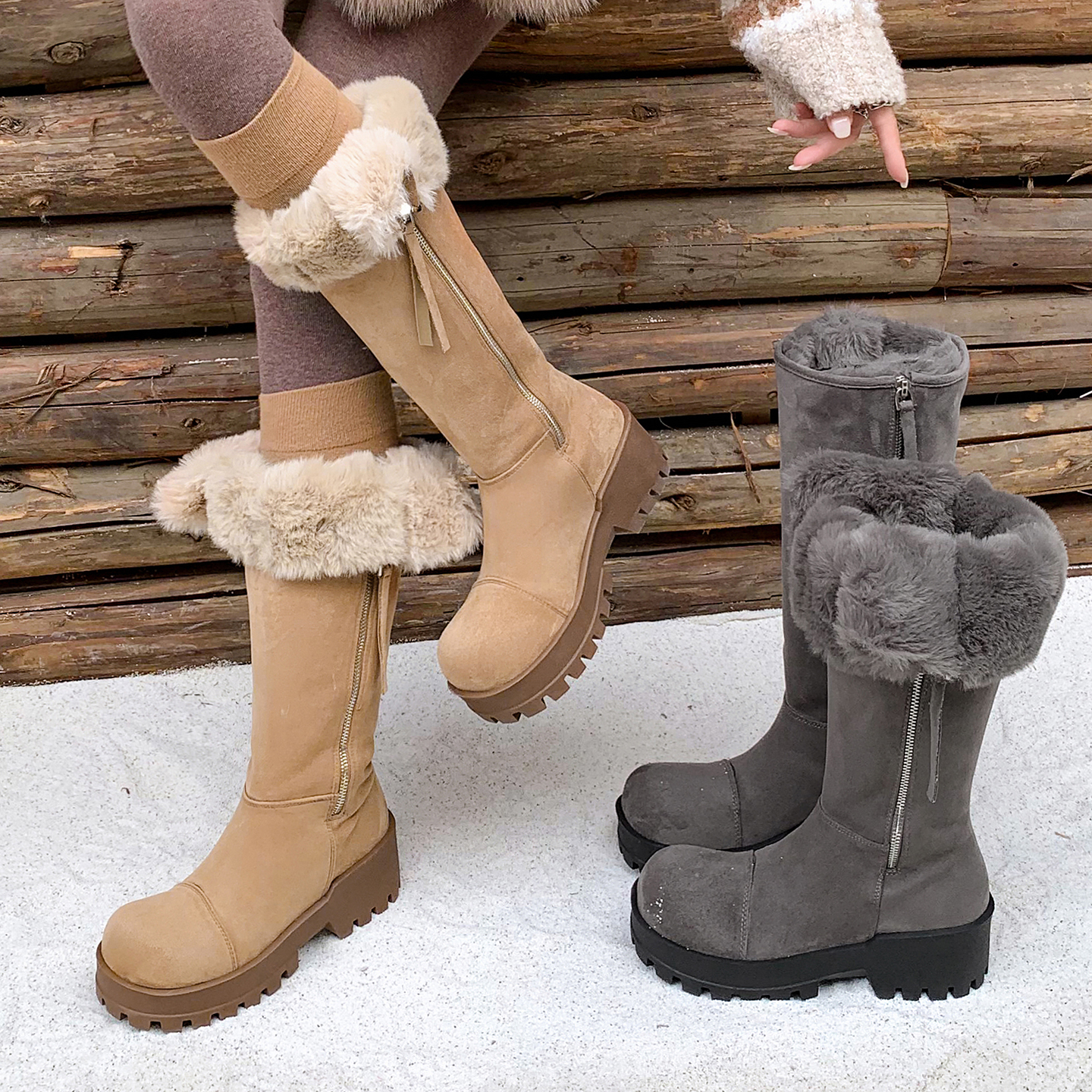 厚底增高两穿高筒侧拉链雪地靴