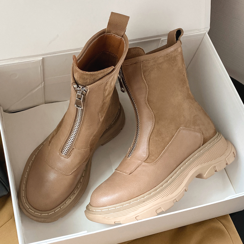 切尔西短靴真皮前拉链增高加绒