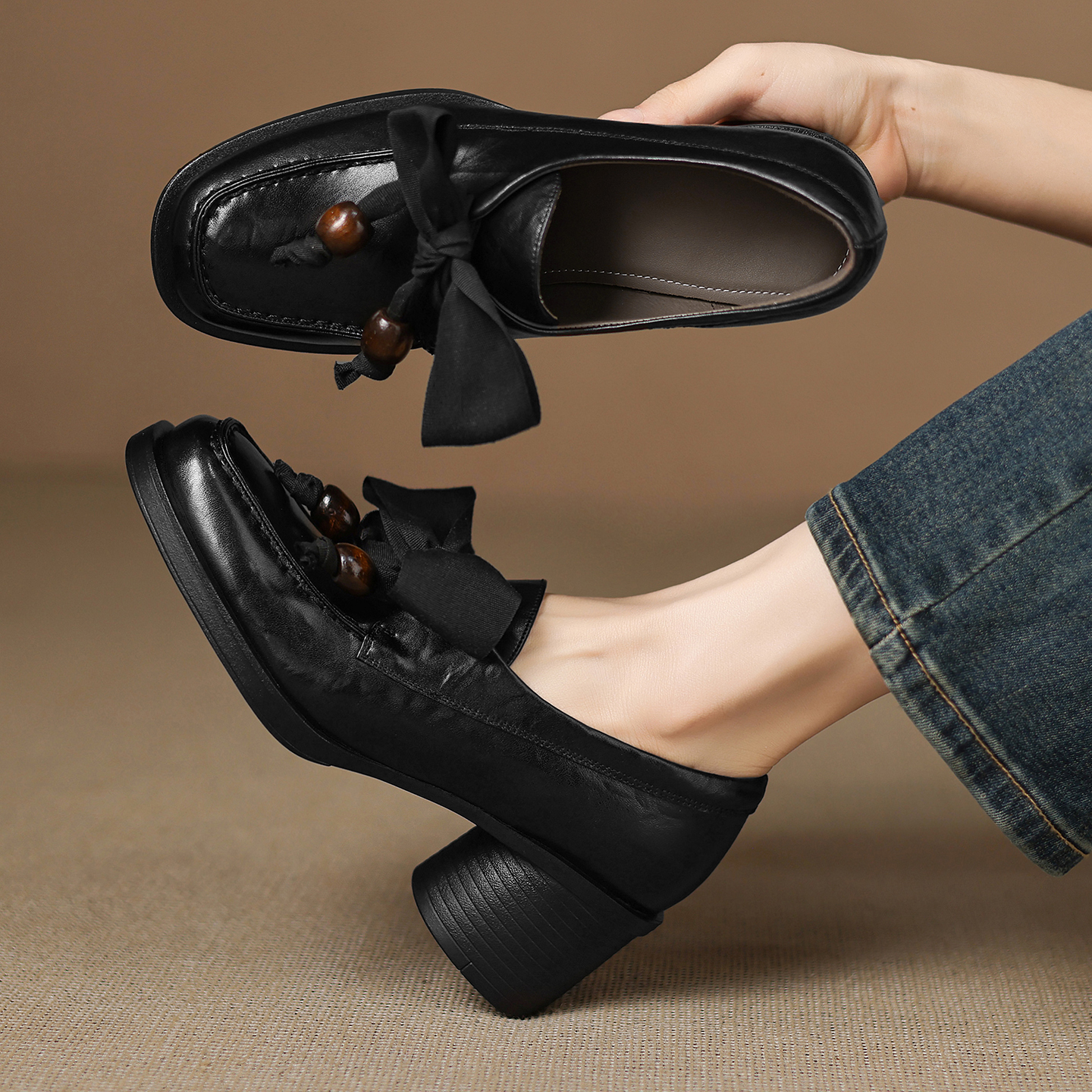 圆头粗跟高跟鞋英伦百搭小皮鞋