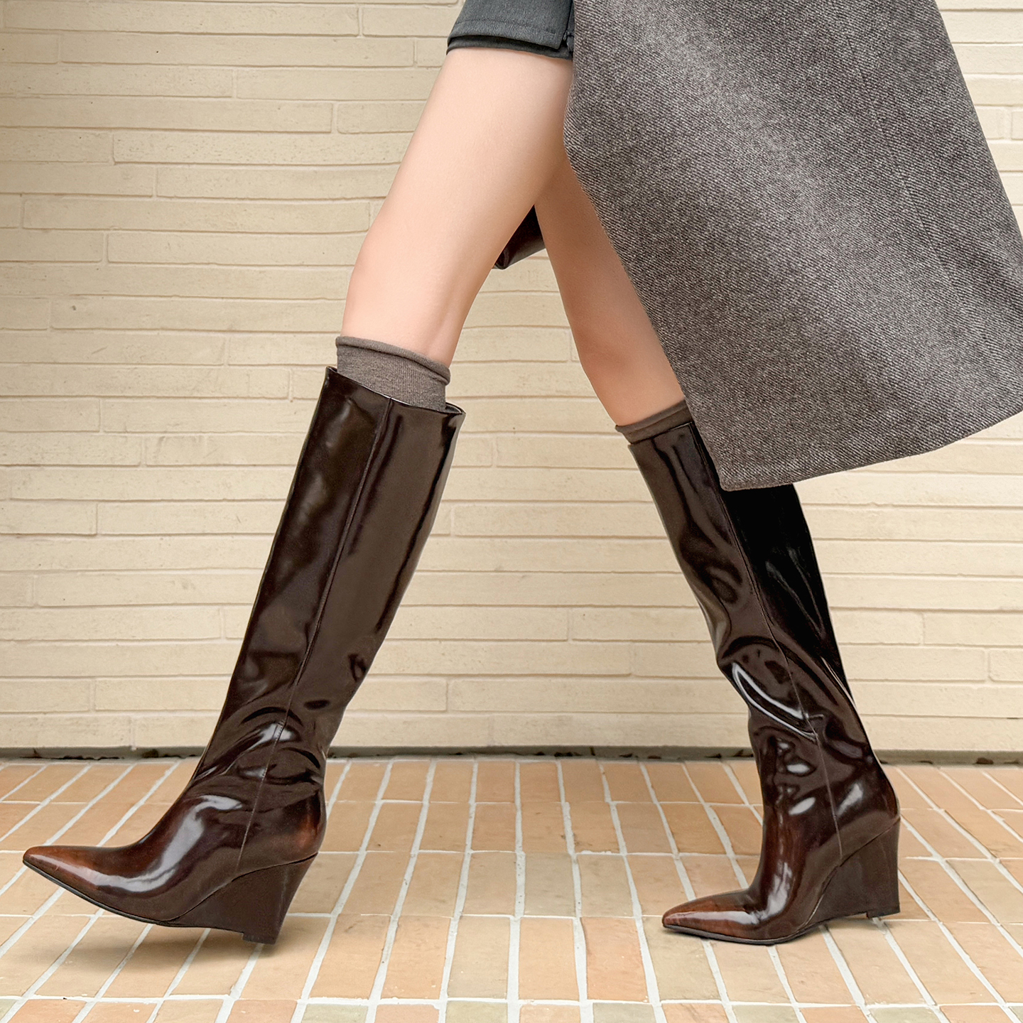 8.5cm真皮尖头高跟长靴子女