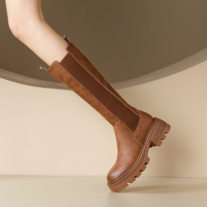 真皮不过膝长靴女2022年新款厚底