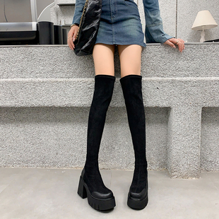 厚底过膝长筒靴女2025新款大筒围绒面高筒弹力靴小个子增高瘦瘦靴