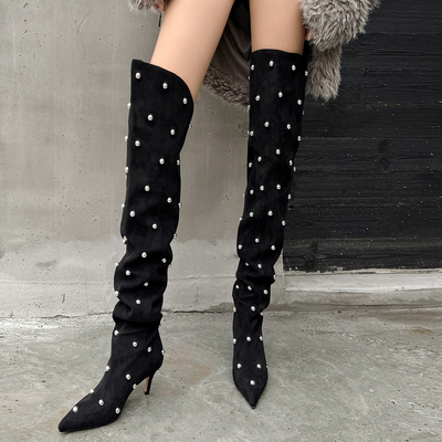 珍珠辣妹风高跟靴尖头细跟长筒靴