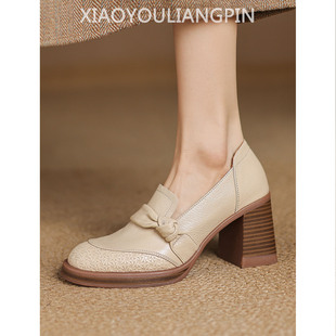 粗高跟单鞋 百搭通勤小皮鞋 女2026新款 7.5cm真皮小众一脚蹬乐福鞋
