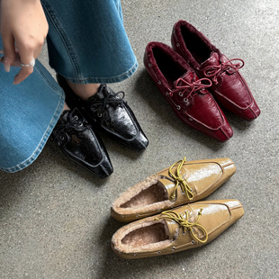 系带加绒保暖毛毛鞋 3cm真皮内增高方头红色羊羔毛单鞋 女2025新款