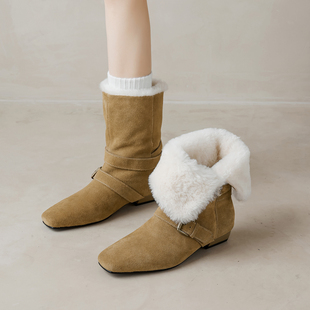 2.5cm羊皮毛一体加绒雪地靴女2025新款 两穿皮带扣短靴子保暖棉靴