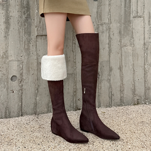 5cm尖头内增高过膝长靴女冬季 保暖雪地靴翻折两穿侧拉链高筒靴子
