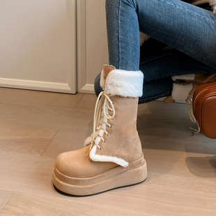 7cm厚底增高雪地靴女中筒靴2025新款 百搭马丁靴 加绒加厚保暖棉鞋