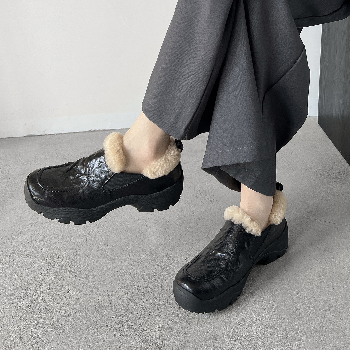 4cm加绒加厚保暖乐福鞋女