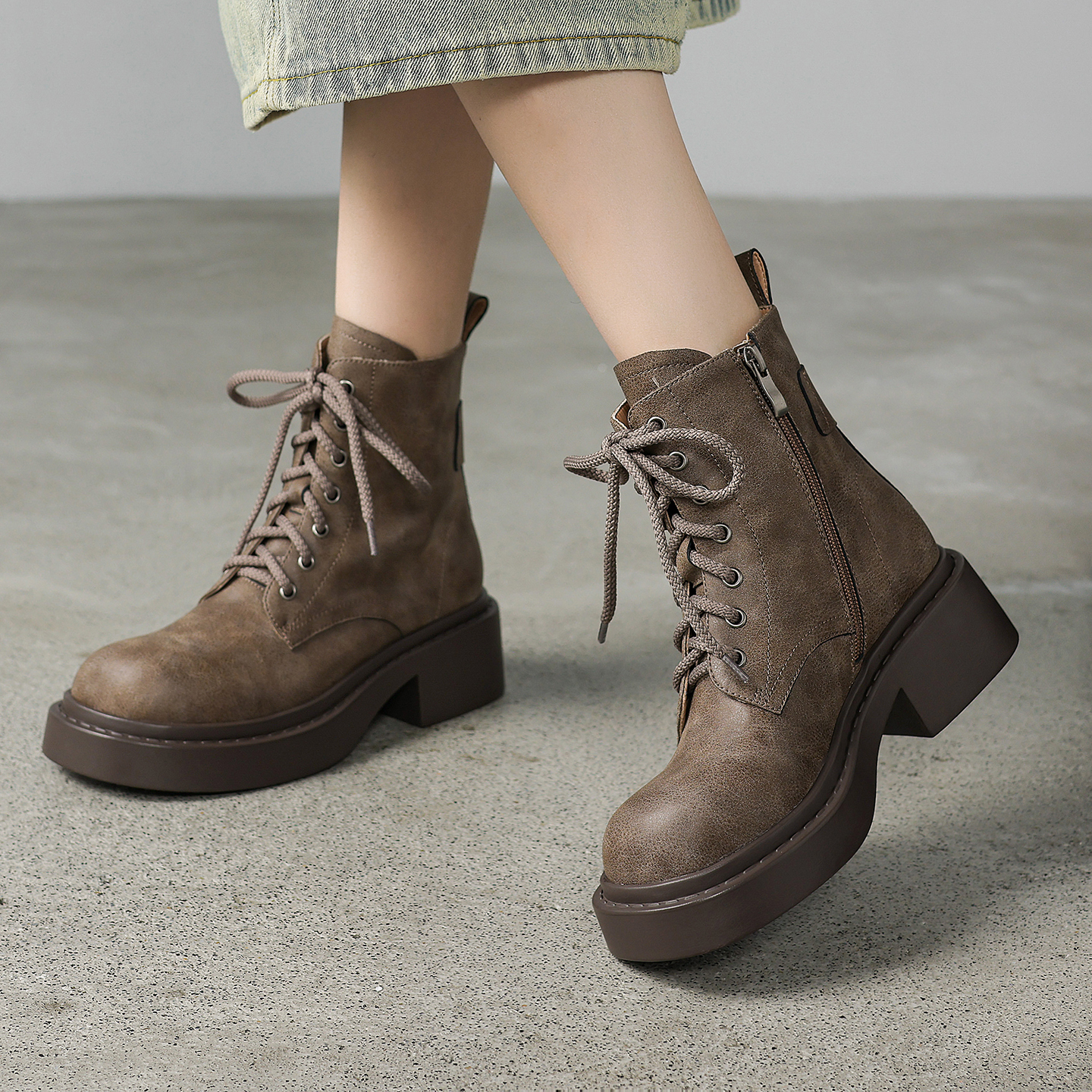 英伦风增高短靴真皮系带机车靴