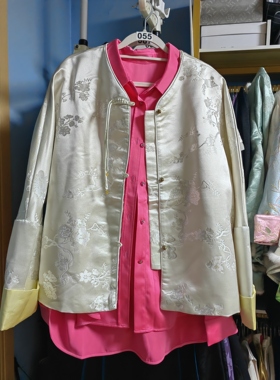 罗绮者55号金丝提花刺绣真丝缎面外套鹅黄色袖口+真丝玫红色衬衫