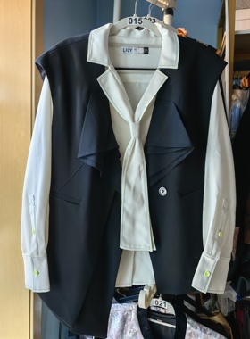 罗绮者15号黑色花边商务马甲+lily领带款暖白色长袖衬衫黄绿色线