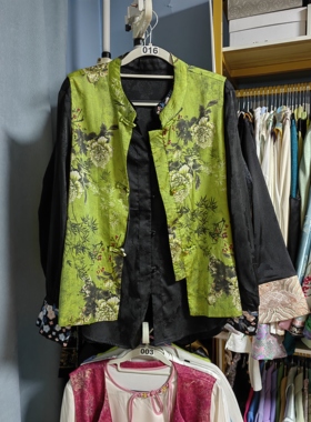 罗绮者16号绿色竹叶雅韵双面穿马甲女+黑色刺绣软缎织锦立领衬衫