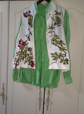 罗绮者新中式立领100%醋酸马甲闪亮高端奢侈果绿色女时尚设计衬衫