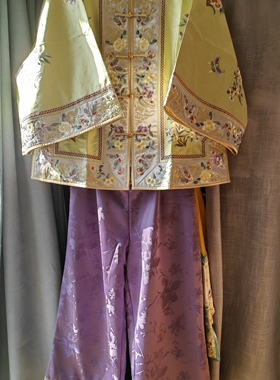 罗绮者重双针100%桑蚕丝刺绣加厚对襟上衣+紫色提花脚口绣花长裤