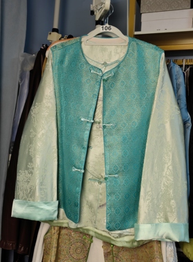 罗绮者106号超好看湖水蓝色宋锦盘扣马甲女+淡蓝织锦肌理刺绣外套