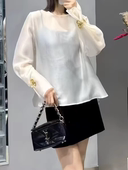 宽松显瘦百搭上衣刺绣 女2026新款 罗绮者白色圆领长袖 半透明衬衫