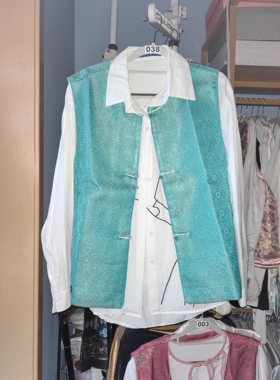 罗绮者38号新中式国风湖蓝色重工宋锦马甲+白色长袖抽象衬衫显白