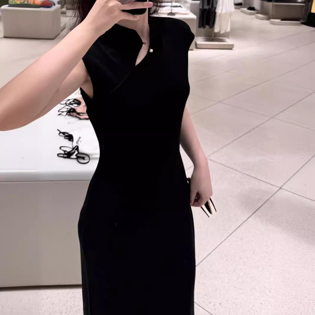 法式珍珠盘扣镂空新中式针织旗袍连衣裙改良式斜襟国风无袖长裙子