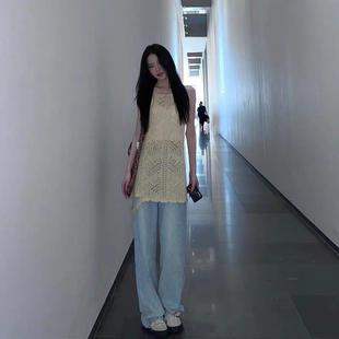 针织镂空罩衫2023年夏新款时尚气质显瘦米色镂空针织吊带连衣裙子