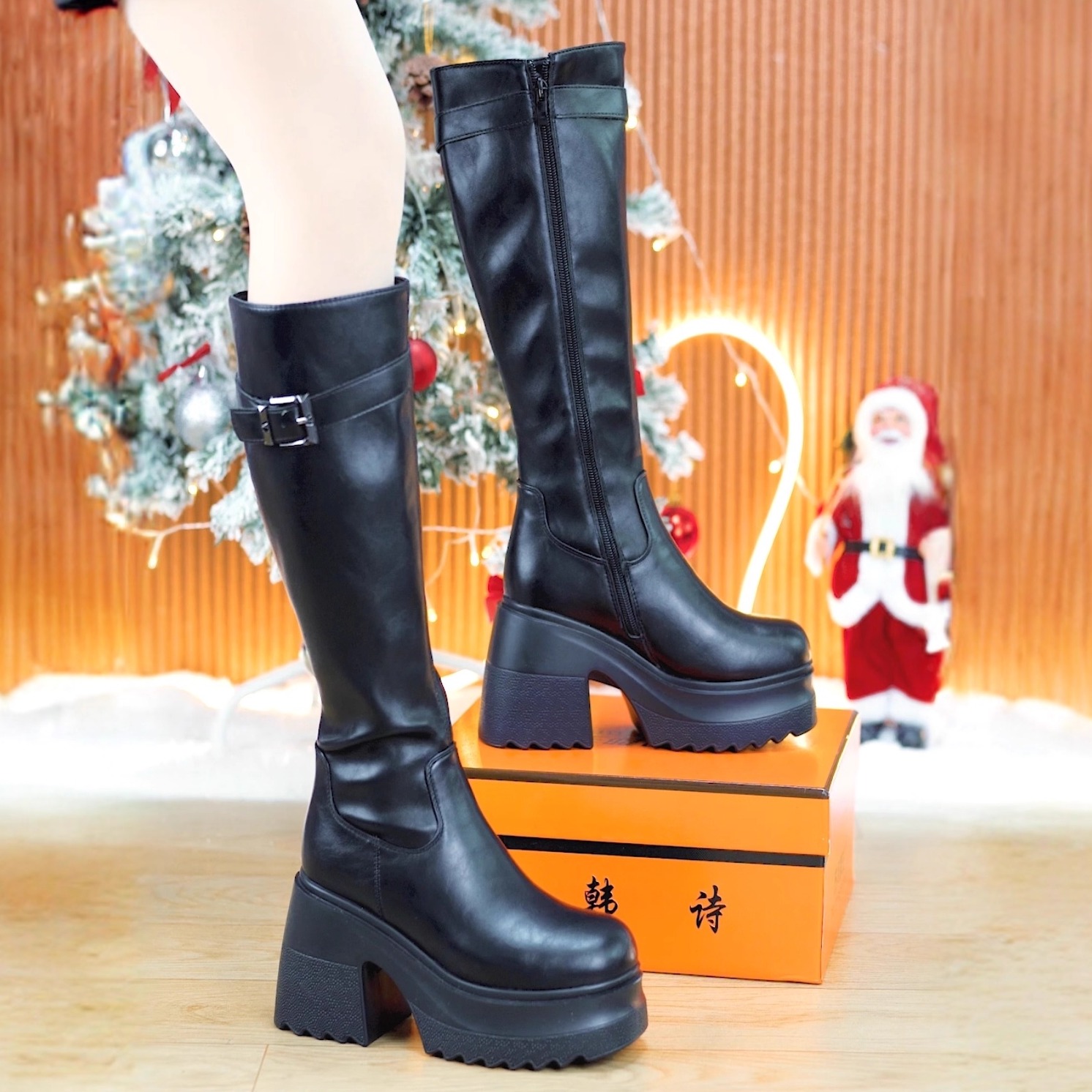 10cm粗跟小个子长筒增高靴女2025冬季新款不过膝厚底高跟骑士靴女