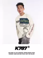 K787 American Vintage Washed Graphic Waffle Long-Sleeve Tee - Unisex Streetwear Casual Top