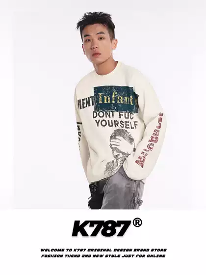 K787 American Vintage Washed Graphic Waffle Long-Sleeve Tee - Unisex Streetwear Casual Top