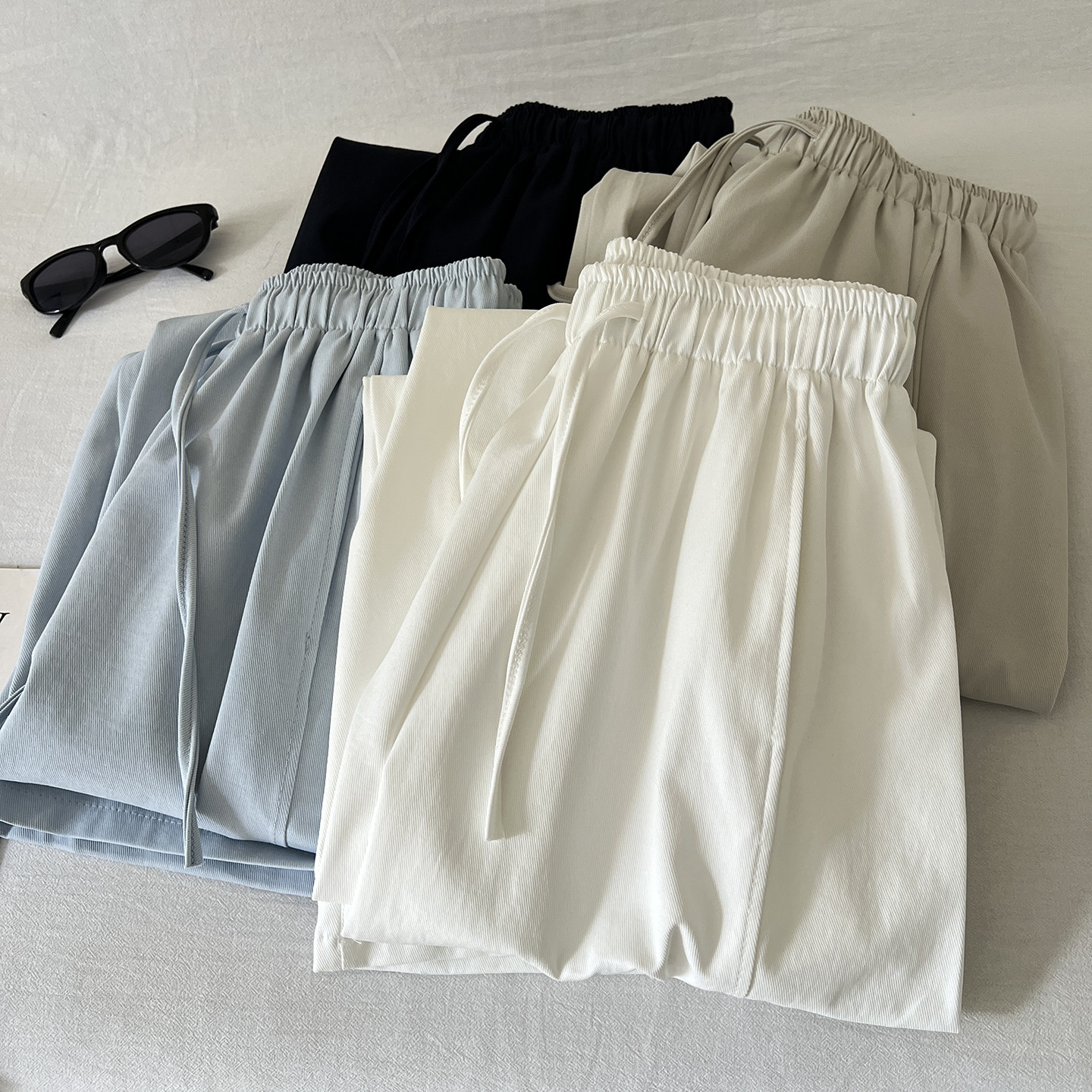 简约拼接宽松显瘦弯刀裤女夏季韩版休闲直筒阔腿裤纯色百搭气球裤