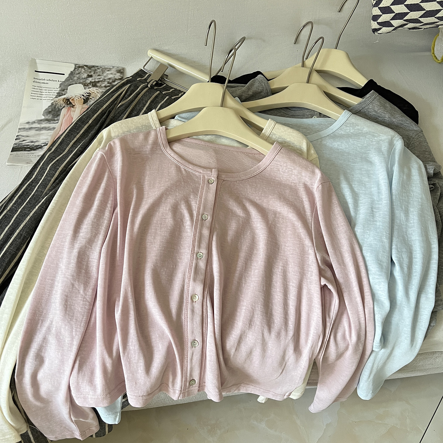 贼舒服~贝壳扣天丝亚麻长袖防晒开衫夏季宽松T恤纯色百搭空调衫薄