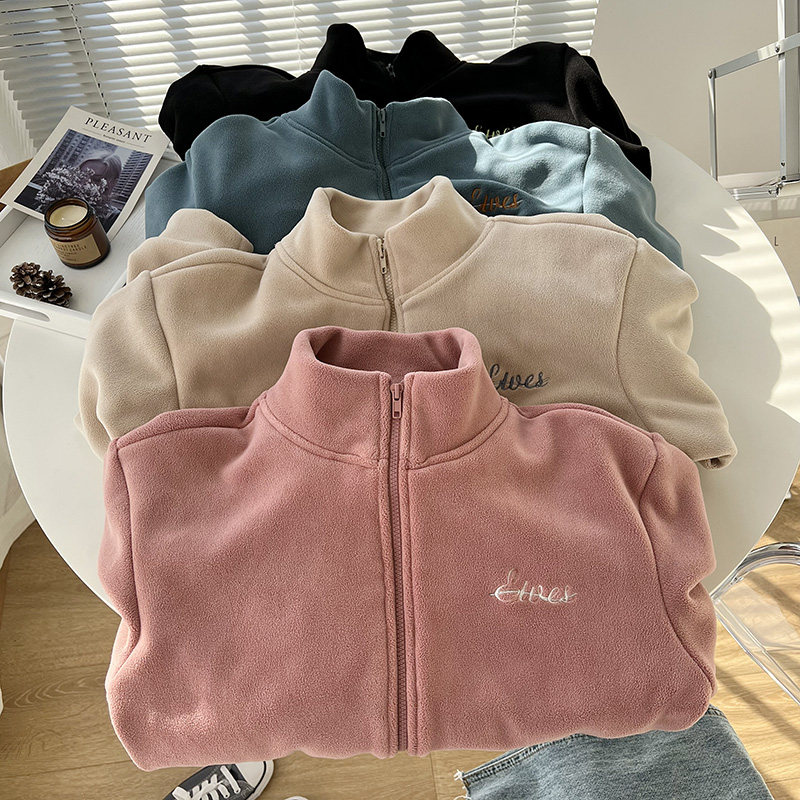 摇粒绒刺绣单排扣卫衣外套Sweatshirt Jacket in Rocker Fleece
