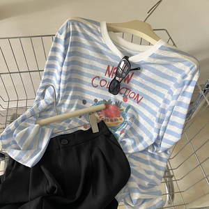 韩系撞色条纹草莓蛋糕印花长袖T恤女夏季洋气休闲百搭防晒上衣薄