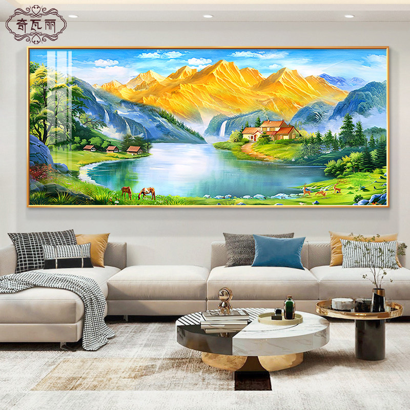 沙发风景装饰画聚财聚宝盆新款壁画背景墙2025客厅挂画山水画西墙