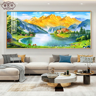 沙发风景装饰画聚财聚宝盆新款壁画背景墙2025客厅挂画山水画西墙