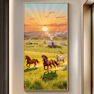 日出壁画森林正对挂画东墙入户门风景旭日东升竖版东方装饰画玄关