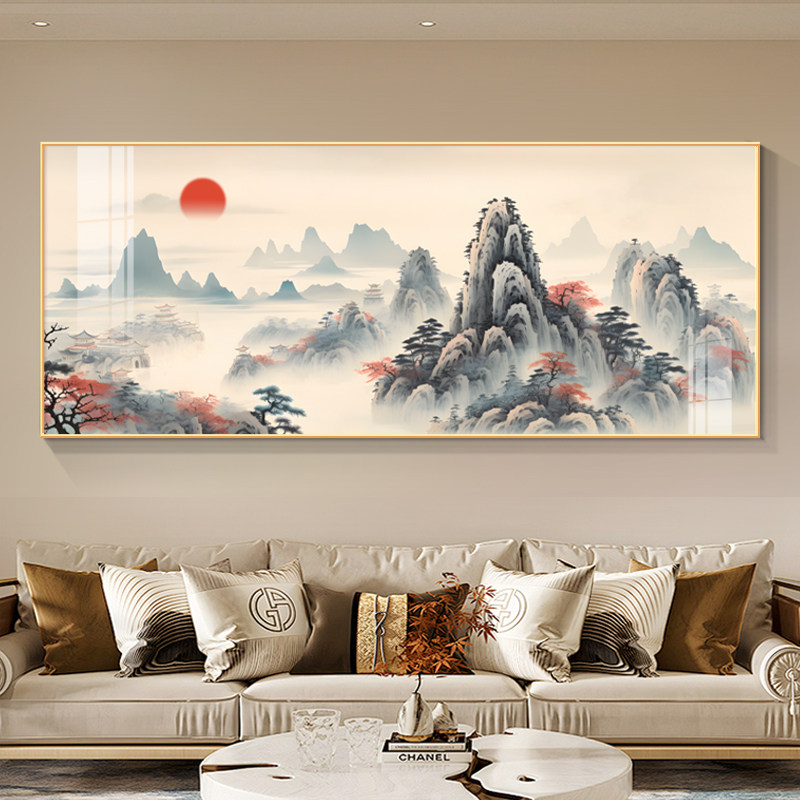 靠山装饰画新中式客厅山水画挂画老板办公室东方旭日东升背有日出