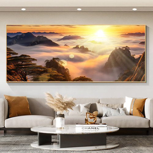 装饰画旭日东升背景图中式壁画东墙挂画客厅沙发办公室日出新靠山