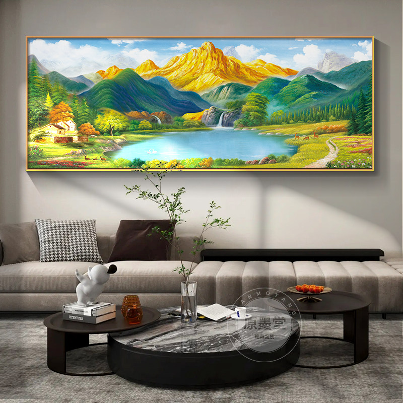 日照客厅图聚宝盆挂画装饰画沙发金山山水油画靠山背景墙壁画风景,家居饰品,现代装饰画,淘宝优惠券,粉丝福利购,淘宝优惠卷