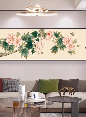 装饰画壁画花沙发国画背景墙客厅开新花卉中式牡丹花横款挂画富贵