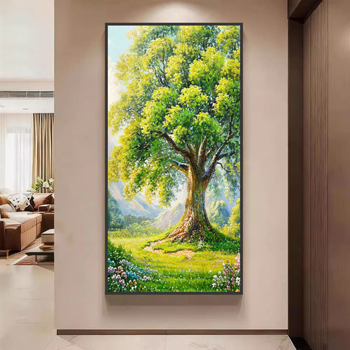 森林风景大树简约玄关画发财树挂画美式竖款墙壁画装饰画客厅过道