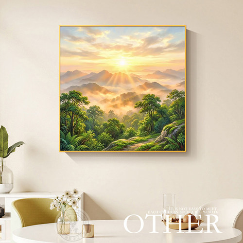 旭日东升大幅装饰画客厅方形微喷晶瓷东墙日出东方风景森林挂画