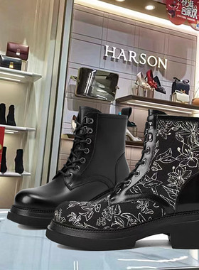 KA241802商场发货卡迪娜2024冬季新款粗跟圆头休闲系带短靴马丁靴