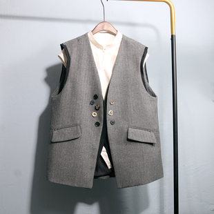 欧版宽松设计感假两件马甲女款春秋装中长款西装坎肩外套叠穿马夹