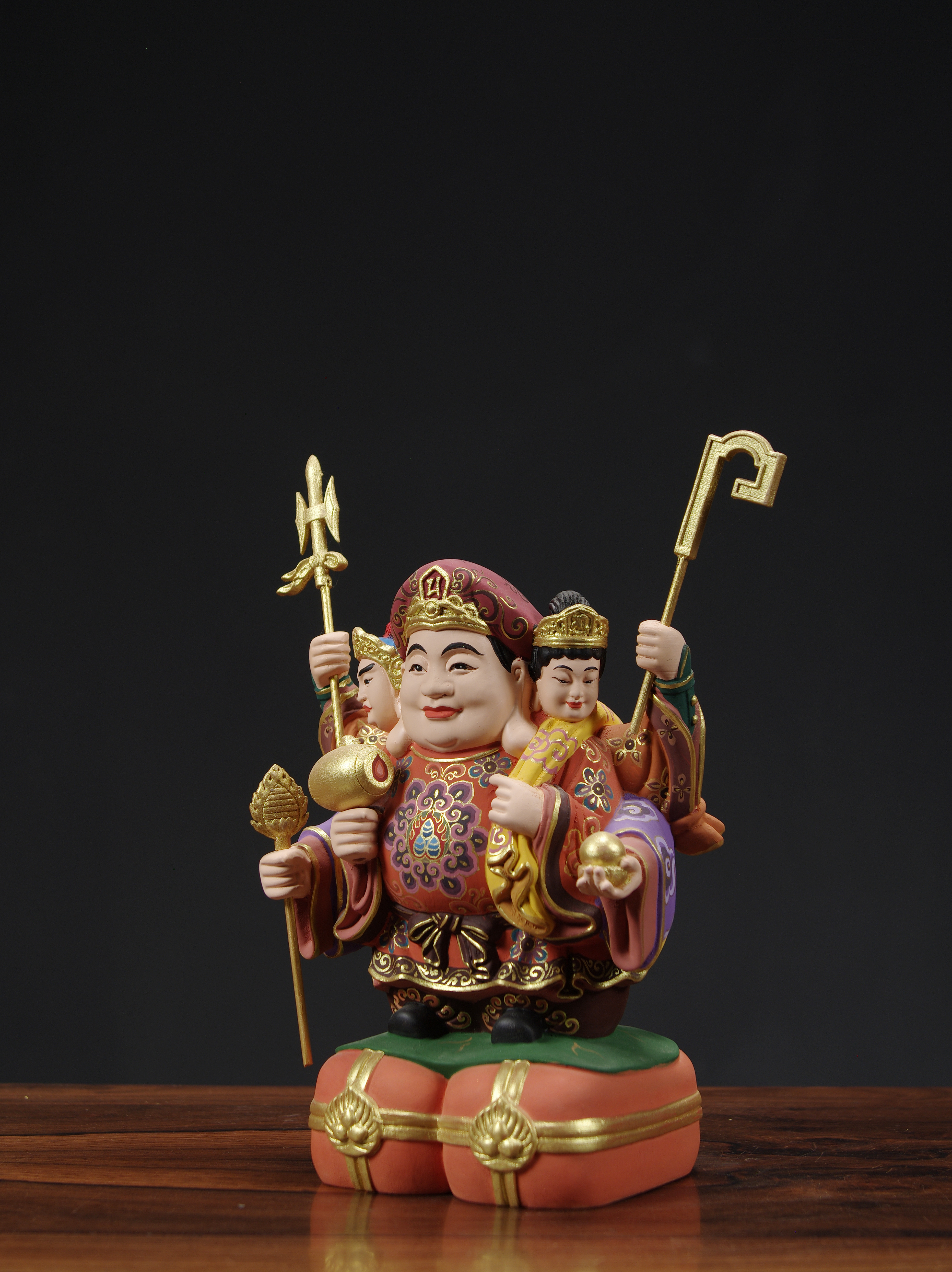 三面大黑天客厅摆件精工彩绘贴金密宗财神雕像香樟木手工佛像供奉