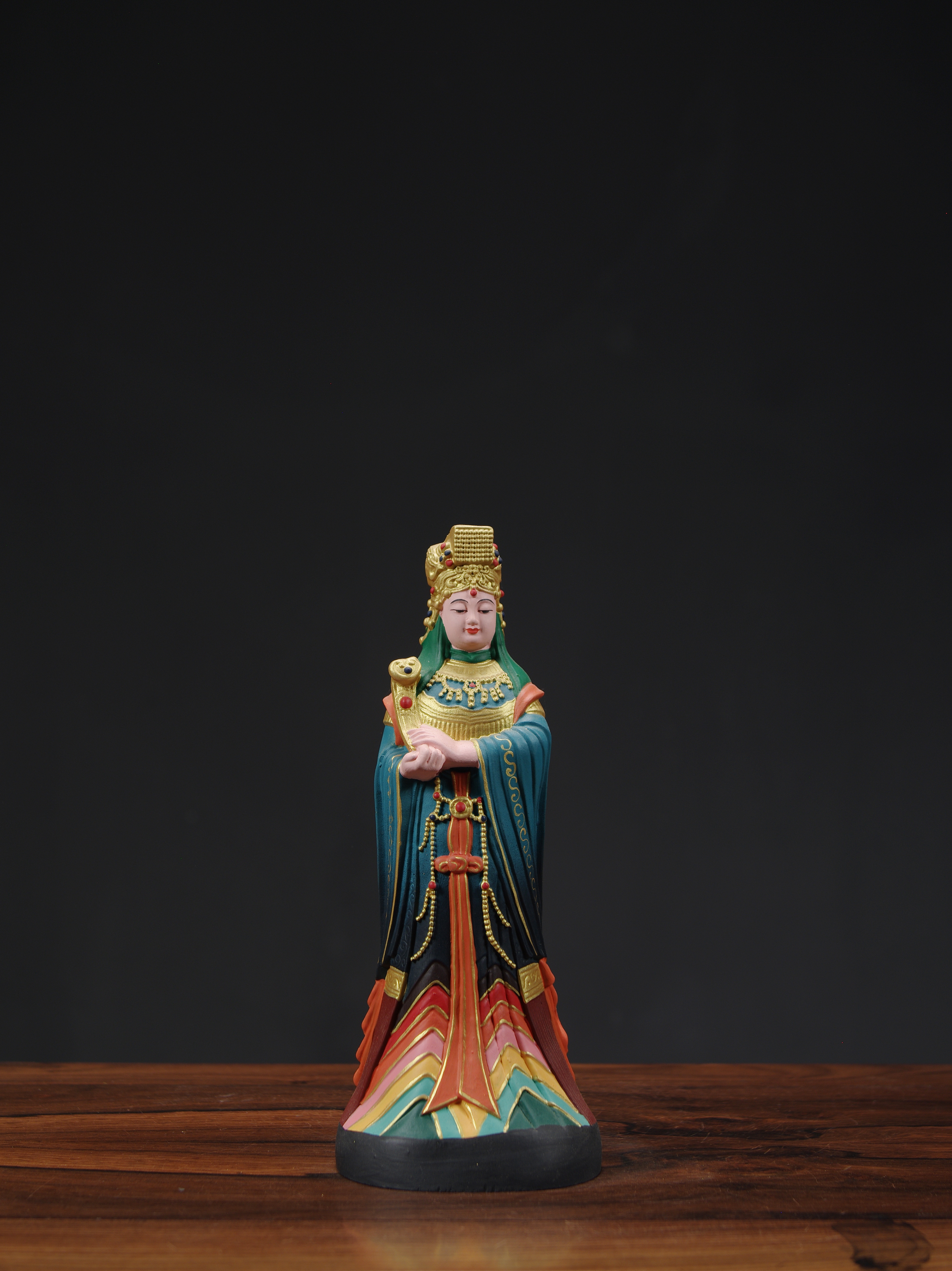 实木雕刻彩绘妈祖神像摆件新中式天上圣母家居客厅玄关装饰工艺品